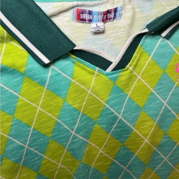 👕 Urban Outfitters Club V-Neck Argyle Polo Golf Shirt Green L 💚✨ - Picture 2 of 3